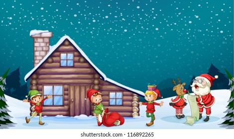 illustration of a santa clause, kids and a reindeer in nature