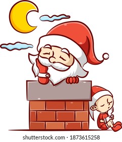 The illustration of the Santa clause and the little elf is sleeping under the bright moon in the chimney with the good design