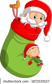 The illustration of the Santa clause in out coming from the big green sock with the little elf sleeping on it