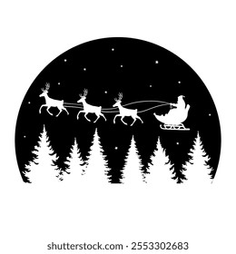 Illustration of santa clause riding his sleigh pulled by reindeers. Silhouette on a big full moon in the pine forest. Merry christmas and Happy new year decoration.