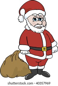 Illustration of Santa Clause standing and holding his bag of toys.