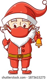 The illustration of the Santa clause is using the Christmas hat and and mask and holding the bell for Christmas