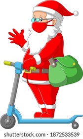 The illustration of the Santa clause using the red costume and holding the green bag with the scooter