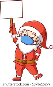 The illustration of the Santa clause using the red costume and blue mask holding the blank board in his hand