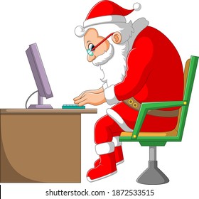 The illustration of the Santa clause working in the chair in front of the laptop because of work from home