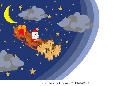 Illustration of Santa Cross on a sleigh with a big red gift box behind the sleigh being dragged by four reindeer on a night sky background with crescent moon and many stars.With copy space.