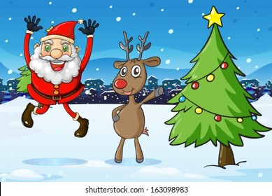 Illustration of Santa and a deer beside the christmas tree