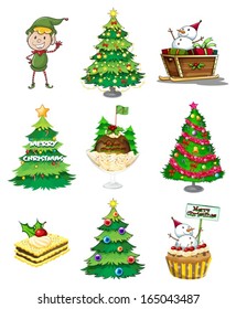 Illustration of a Santa elf with the other Christmas decorations on a white background