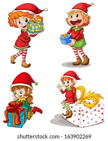 Illustration of the Santa elves with gifts on a white background