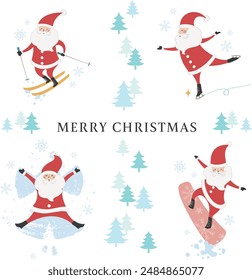 Illustration of Santa enjoying winter sports