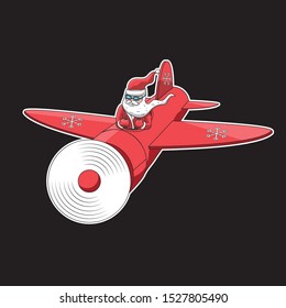 Illustration of Santa Flying His Christmas Plane on black isolated background. Vector image. eps 10
