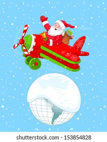 Illustration of Santa Flying His Christmas Plane over the Earth