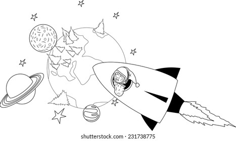 Illustration of Santa flying on a rocket in the starry sky