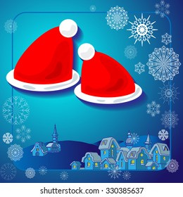 Illustration of Santa hats on a colored background with snowflakes, winter landscape in the village