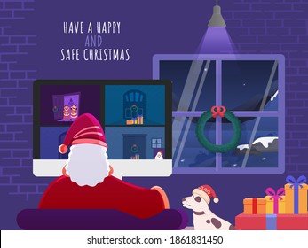 Illustration Of Santa Having Video Call With People And Say To Pick Up Gift From Door For Happy and Safe Christmas Concept. Can Be Used As Poster Design.