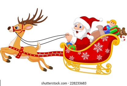 Illustration of Santa in his Christmas sled being pulled by reindeer