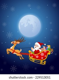 Illustration of Santa in his Christmas sled being pulled by reindeer