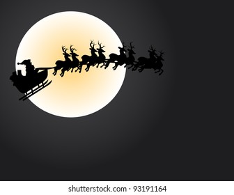 Illustration of Santa and his reindeer crossing the moon face.