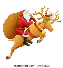 illustration of Santa on reindeer with Christmas gift