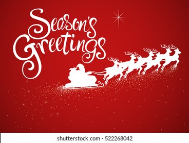 Illustration of Santa on sleigh and his reindeer flying with seasons greetings text