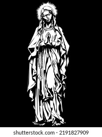 illustration of santa praying with rosary on black background