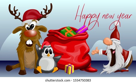 Illustration of Santa with reindeer in cartoon style