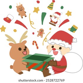 Illustration of Santa and reindeer with Christmas presents