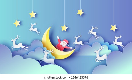 Illustration of Santa and reindeer jumping cheerful on Christmas night. Merry Christmas and happy new year. paper cut and craft style. vector, illustration.