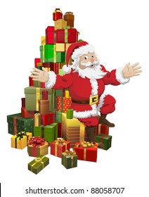 An illustration of Santa sitting on a pile of gifts waving