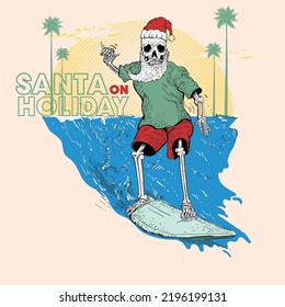 Illustration of Santa skeleton, surfing on his holiday, wearing tee shirt and shorts on a sunny day.