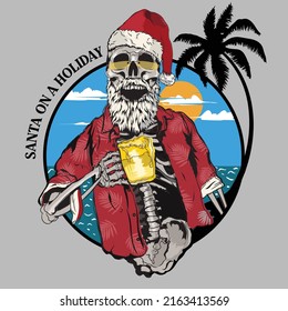 Illustration of Santa skull, who is on a holiday, spending good time on a beach, holding a beer glass, in front of a palm tree.