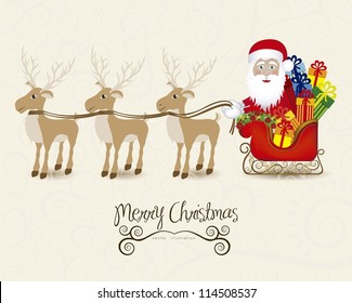 illustration of santa with sleigh full of gifts and reindeer, vector illustration