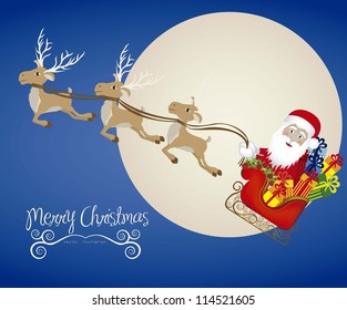 illustration of santa with sleigh full of gifts and reindeer, on the eve of Christmas, illustration Vector