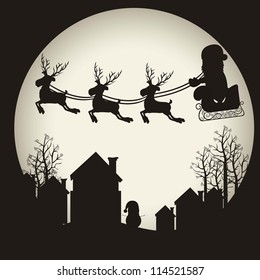 illustration of santa with sleigh and reindeer, on the eve of Christmas, illustration Vector