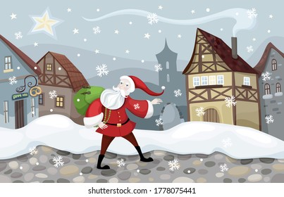 Ilustración con un Santa en la ciudad