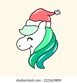 ILLUSTRATION OF A SANTA UNICORN WITH GREEN HAIR, SLOGAN PRINT VECTOR
