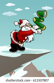 illustration of a santa using telescope search something in mountain background
