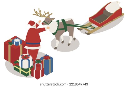 It is an illustration of Santa who bought a lot of presents for Christmas and a reindeer who came to pick him up.