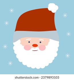 Illustration of Santa's grandfather in Christmas concept. Santa Claus with beard, in red fur hat .Blue background with snowflakes. Invitation card 