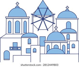 Illustration of the Santorini, Greece skyline, featuring traditional windmills and blue-domed churches, isolated on a transparent background