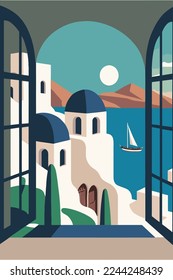 Illustration  of Santorini island Vector flat color Background. Travel to Santorini Greece europe poster template, banner wall art print decor