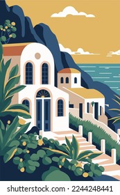 Ilustración de la isla de Santorini Vector color plano Fondo. Viaje a Santorini Grecia plantilla de afiches europa, decoración de arte mural de banderas