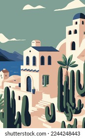 Illustration  of Santorini island Vector flat color Background. Travel to Santorini Greece europe poster template, banner wall art print decor