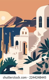 Illustration  of Santorini island Vector flat color Background. Travel to Santorini Greece europe poster template, banner wall art print decor