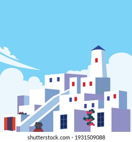 Illustration of Santorini's unique white buildings. World tourism and vacation destination illustration.