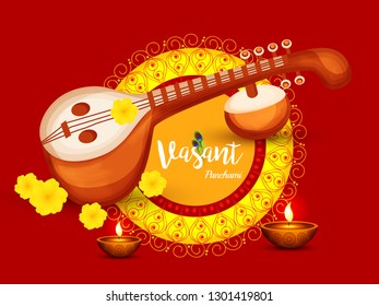 Illustration Of Saraswati Puja Or Happy Vasant Panchami Background.