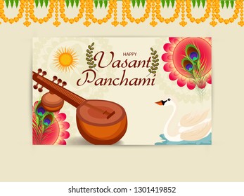 Illustration Of Saraswati Puja Or Happy Vasant Panchami Background.