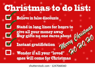 Illustration Of Sarcastic Christmas To Do List On Red Background With Snowflakes