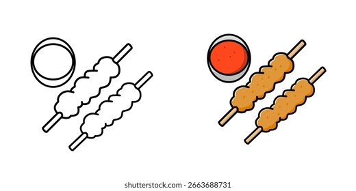 Ilustração de satay e sambal completo com esboços, adequado como um ícone, adesivo ou logotipo.