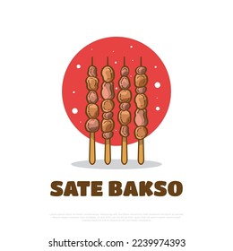Illustration of Sate Bakso, Indonesian Food or Snack. Grilled Satay Meatball Vector Illustration